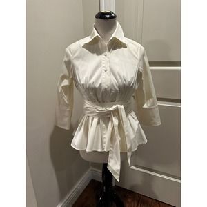 ROBERT RODRIGUEZ Ivory Blouse 100% Cotton Pleated Detail Belt SZ 10 EUC